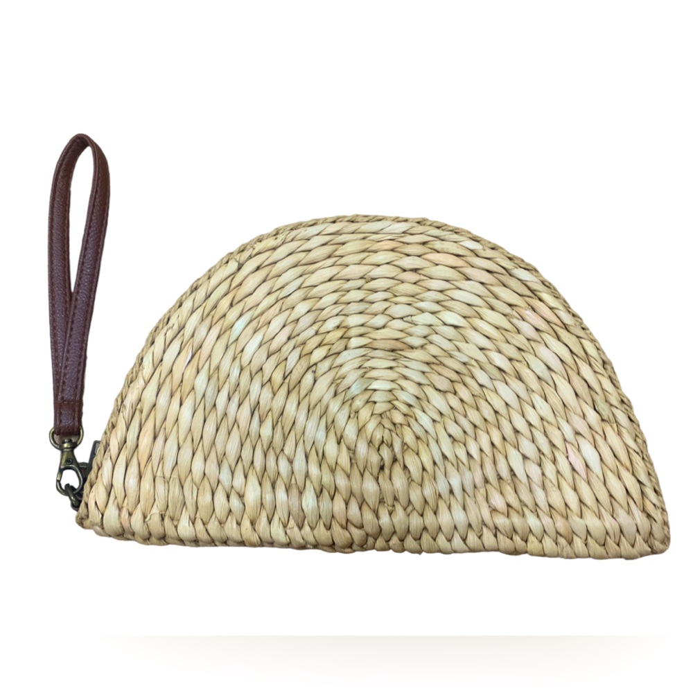 3 AM Forever Tan Woven Half Moon Straw Clutch